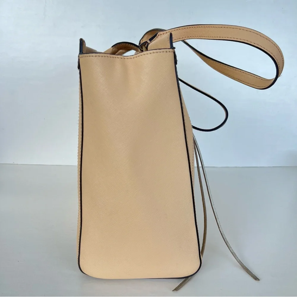 REBECCA MINKOFF Monroe Sand Saffiano Structured Leather Tassel Shoulder Bag Tote